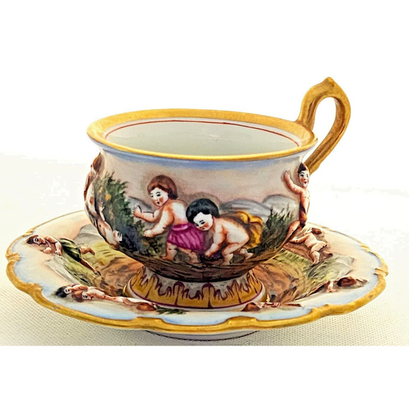 CUP & SAUCER-VON SCHIERHOLZ-CAPRI-3D Embossed-Cherubs-Unique Set-Gold Trim - Picture 16 of 16